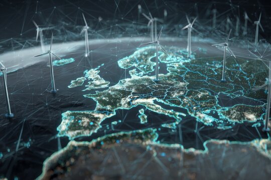 A 3D model showcases Europe with wind turbines scattered across the landscape. The design highlights data networks connecting energy sources to various regions, emphasizing renewable energy
