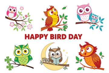 Various colorful cartoon owls perched on branches, enjoying different activities in a charming composition