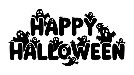 Happy Halloween: A festive illustration of the words Happy Halloween, adorned with playful ghosts, evokes the spirit of spooky celebrations and seasonal fun. 