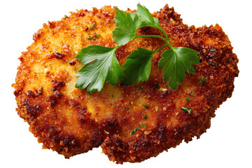 Crispy golden chicken cutlet garnished with fresh parsley leaves on transparent background