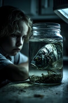 Titel: Nachdenkliches Kind betrachtet Fischkopf in Glas mit Wasser 
