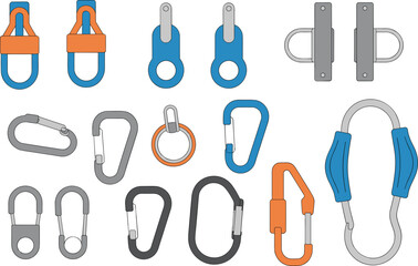 Carabiner hook and bag hardware vector illustration set, metal clip design, keyring clasp, accessory fitting, outdoor gear connector template