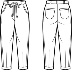 Casual pants flat sketch with waistband and drawstring, front and back view vector fashion template for apparel design and clothing illustration