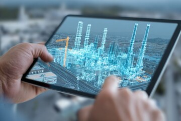 A person is using a tablet to display a digital model of an industrial facility. The setting is a construction site with clear skies in the daytime