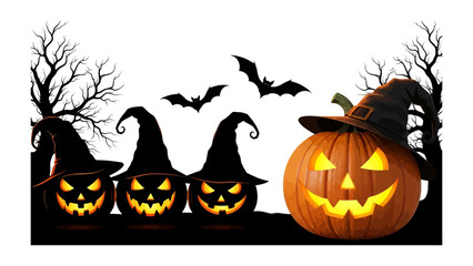 Enchanting Halloween Night: A gathering of carved pumpkins adorned with witch hats, illuminated by glowing light, sets a whimsical scene. Bats are flying in the night with a silhouettes of bare trees.