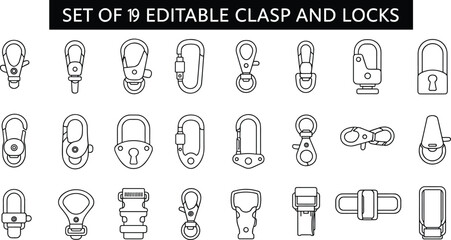 Collection of 19 clasp and lock vector icons, metal hook buckle fastener, carabiner clip design, outline drawing template, editable set