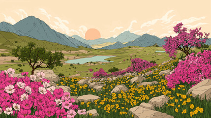 Spring Mountain Landscape With Blooming Flowers