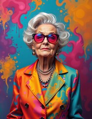 Elderly Woman Vibrant Attire Against Colorful Backdrop