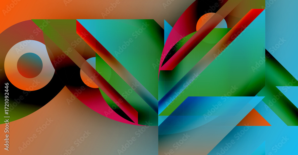 Poster abstract geometric composition. vivid colors blend, creating dynamic shapes. lines intersect, formin