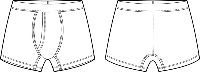 Men boxer briefs underwear vector flat sketch, front and back view template illustration, fashion apparel design for clothing and textile