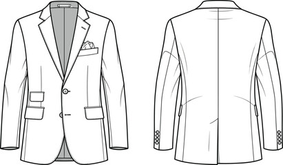 Men’s blazer fashion template vector, front and back view, suit jacket sketch illustration, stylish clothing design, garment mockup for apparel