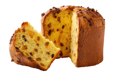 Delicious italian panettone bread with chocolate chips and raisins on transparent background
