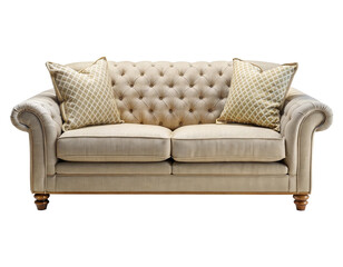 Elegant tufted sofa in light beige color with patterned decorative pillows