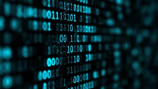 Teal binary code array on a black background, out of focus