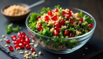 A vibrant and delicious green salad with pearl couscous and fresh pomegranate seeds, a perfect combination of textures and flavors.