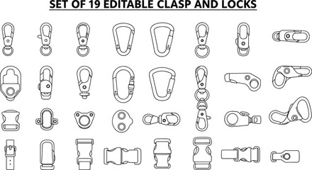 Set of 19 editable clasp and locks vector illustration, metal hook design, buckle clip fastener, carabiner accessory, outline drawing template
