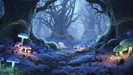 A winding path through a misty nighttime forest illuminated by glowing bioluminescent mushrooms and sparkling lights - Powered by Adobe