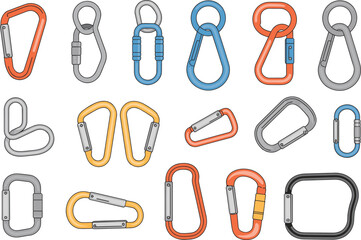Set of colorful carabiner clip vector illustrations, climbing hooks, camping accessories, outdoor gear, safety equipment, travel keychain holders