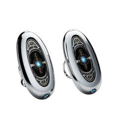 Two chrome oval-shaped devices, futuristic, with glowing blue light in center, intricate design