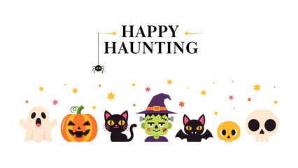 Happy Haunting Celebration: A cheerful assortment of classic Halloween characters, arranged in a festive line-up, celebrating a season of fun and fantasy.