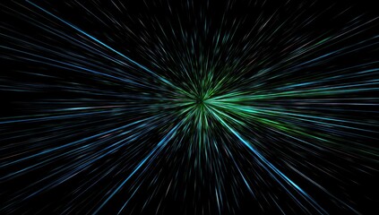 A vibrant burst of teal and green light rays radiates outward from a central point against a black backdrop, creating a dynamic and energetic visual effect.
