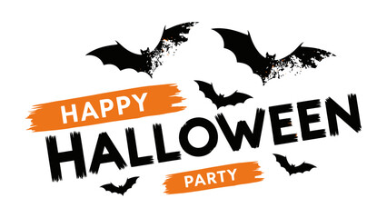 Halloween Celebration Design: Spooky and festive illustration, ideal for greeting cards, invitations, or social media posts, capturing the spirit of the holiday with bats and stylized text.