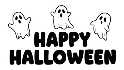 Spooky Halloween Greeting with Ghostly Charm: A playful image of three adorable ghosts hovering above bold HAPPY HALLOWEEN text, perfect for spreading spooky cheer. 