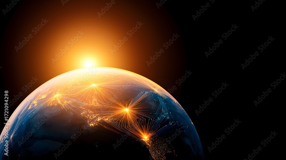 Aufkleber the image shows a digitally rendered earth with bright, connected nodes and rays projecting from maj