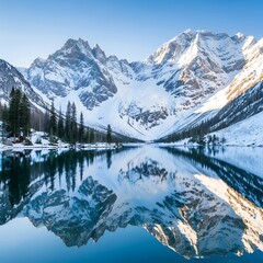Stunning winter landscape featuring a serene lake reflecting snow-capped mountains.