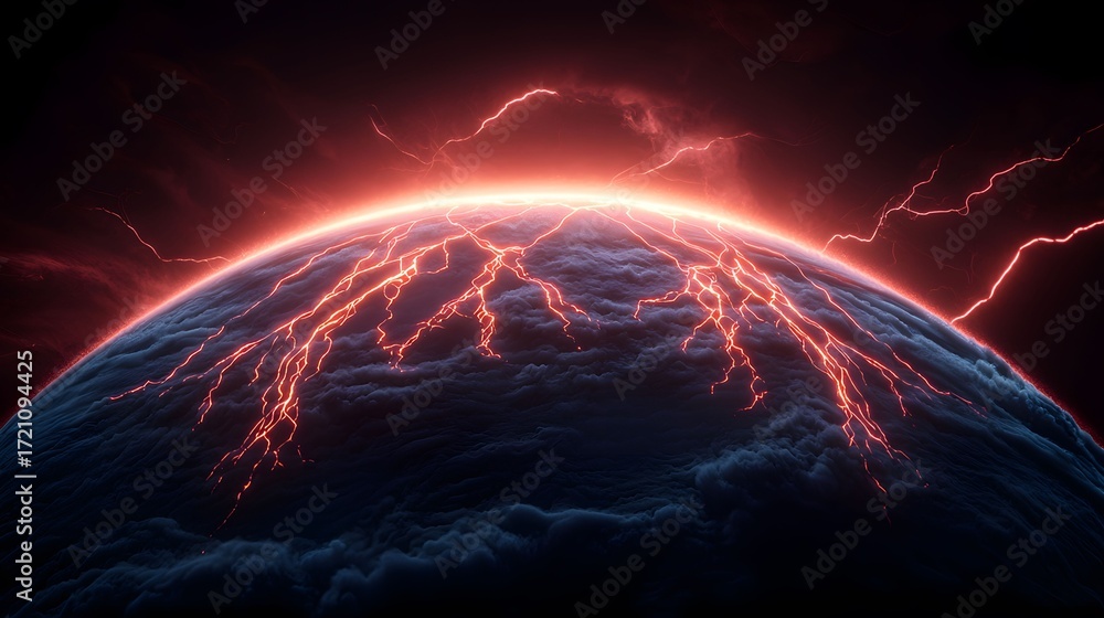 Poster the image displays a dramatic, dark planet engulfed in bright red lightning strikes, creating a powe