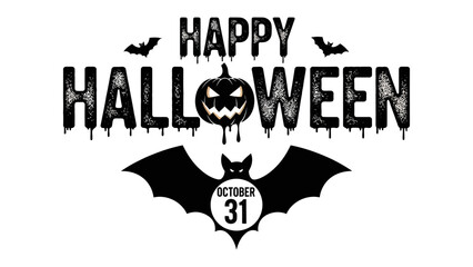 Spooky Halloween Text Graphic: A chillingly cheerful greeting, designed for the spirit of Halloween, with bats, pumpkin and October 31 date to create spooky holiday.