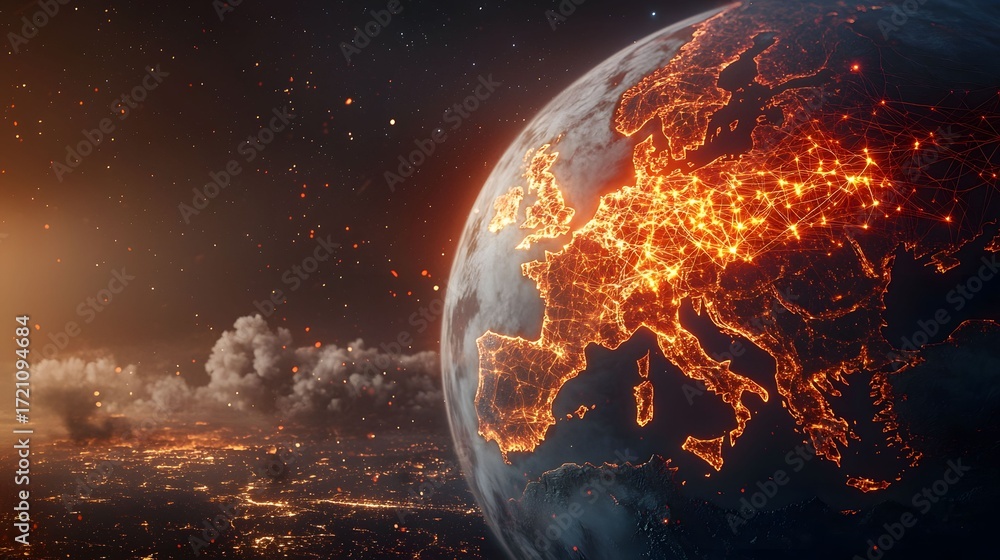 Poster the image depicts a view of earth, specifically focusing on europe and surrounding areas, rendered w