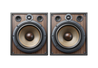 Pair of high quality vintage speakers with wooden enclosures on white backdrop