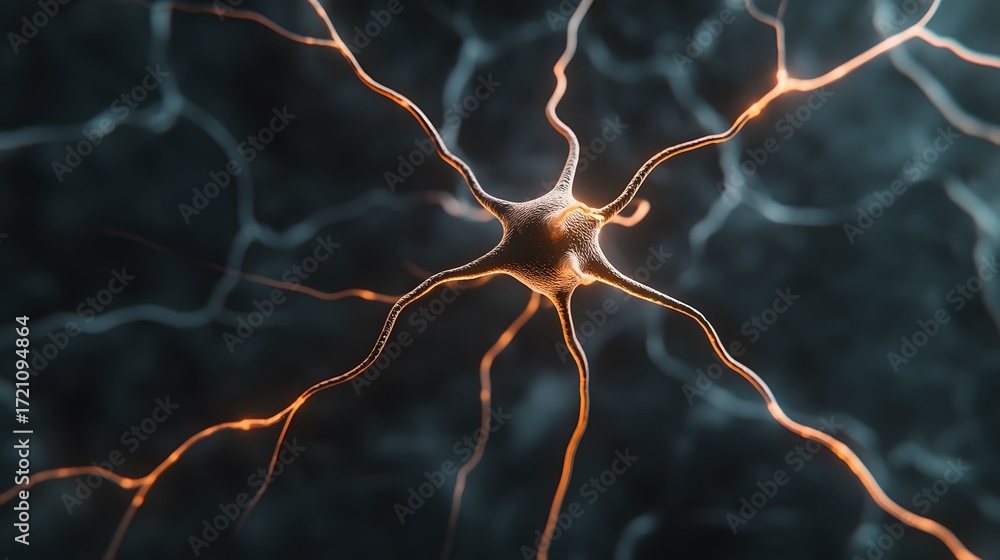 Poster the captivating image showcases a neuron cell with its dendritic branches, rendered in a warm, glowi