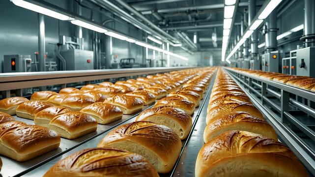 Industrial Bread Production Line in Modern Automated Bakery Factory