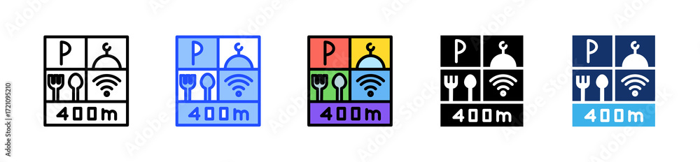 Poster rest area icon collection with multiple styles