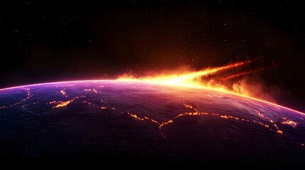 The image shows a planet, possibly Earth, with fiery cracks across the surface and a large fiery explosion or impact visible on the horizon, set against a starry black background.