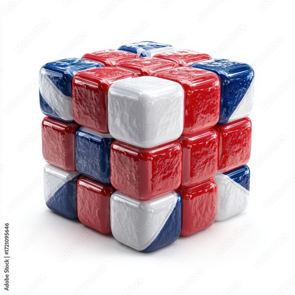 Poster abstract 3d cube composed of red white and blue shiny cubes design element