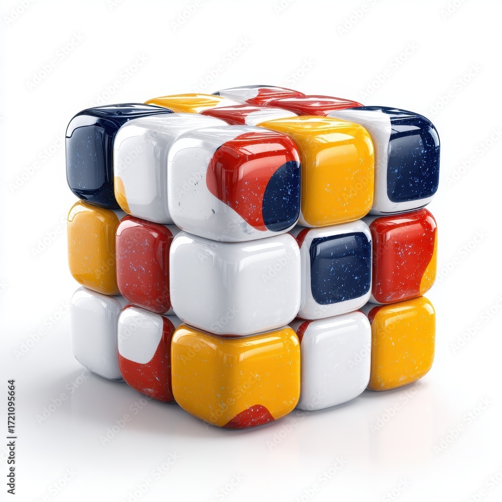 Poster abstract colorful cubes 3d render shiny glossy geometric shapes block design