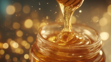 Liquid honey, glowing with amber and gold tones, is being poured automatically into a honey jar. The atmosphere is clean, natural, and premium. 