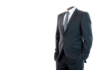 Dark suit with striped tie on white background isolated on a transparent background