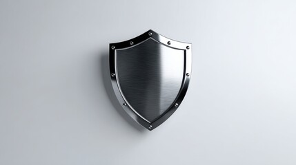 Eye-catching photo of polished metallic shield with a smooth reflective surface and a classic emblem shape on white background.