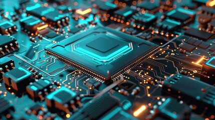 Fototapeta premium Glowing chip on circuit board,Close - Up of Glowing Computer Chips on Circuit Boards, Multicolored LED - Lit Processors, High - Tech Electronic Components, Futuristic Technology Hardware