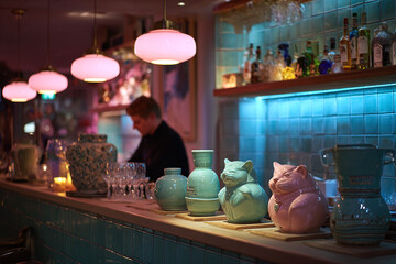 small intimate restaurant bar with pastel painted shelves whimsical ceramic vases shaped like animals neon glow mixing with pendant lamps bartender arranging glassware cozy surreal atmosphere 