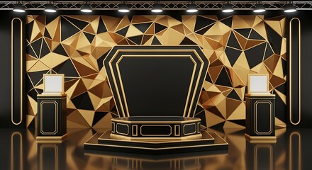 Elegant black and gold presentation podium with geometric patterned backdrop, ideal for showcasing products.