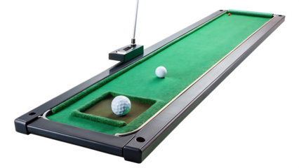 Green putting mat with golf ball and flag isolated on a transparent background image