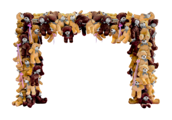 Front view the archway is decorated with many teddy bears isolated on white background, Used for decorating weddings, Christmas Day or Valentine's Day