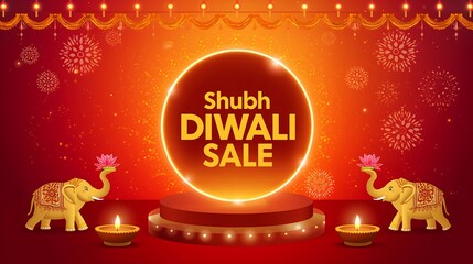 Creative Diwali sale banner design featuring glowing diya, elephants with lotus flowers, fireworks and bright background