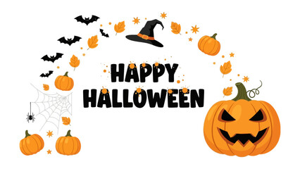 Spooky Halloween illustration: A festive Halloween illustration that incorporates a Jack o' Lantern with bats, leaves, and a spider. The holiday season is here!