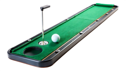 Green putting mat with golf ball and flag isolated on a transparent background image
